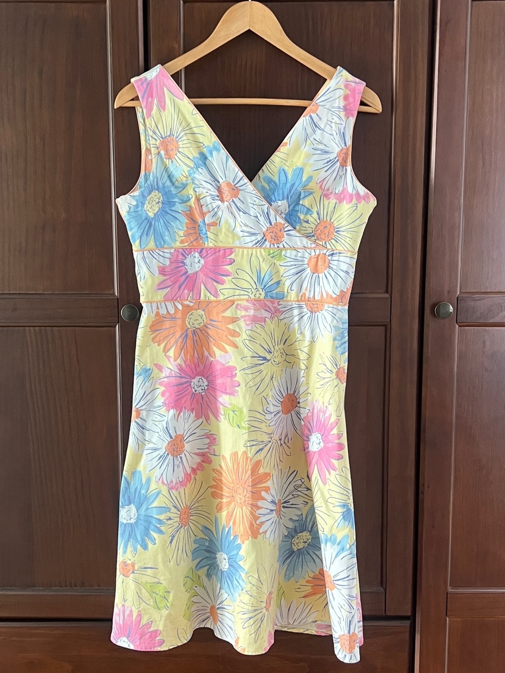 Amanda Smith Floral Daisy Wrap Sun Dress Size 8 Sleeveless V-Neck Cotton Stretch